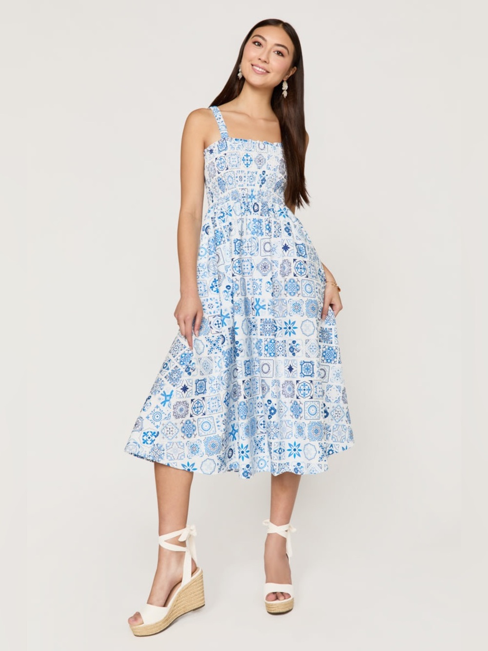 Francesca's Collections Blue & White Tile-Print Midi Sundress